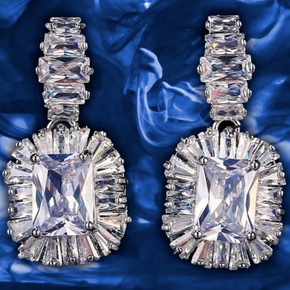 NEW White Gold-Plated Stacked Diamond Simulant Emerald Baguette Drop Earrings - Picture 7 of 14